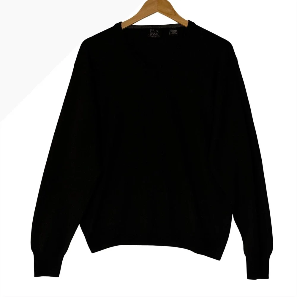 Jos A Bank Mens‎ Size Large Black Merino Wool V Neck Sweater Classic Office